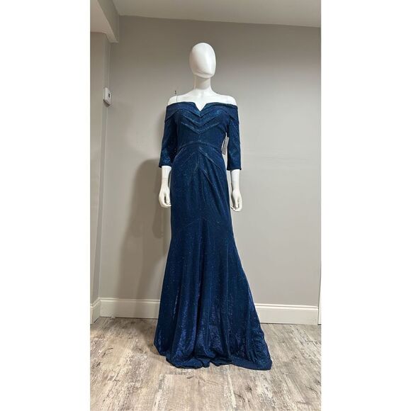 Rene Ruiz Metallic Blue Off the Shoulder Gown Size 10 - Picture 2 of 8
